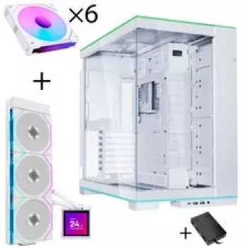 Bundle de caixa de PC Lian Li O11 Dynamic EVO RGB + HydroShift II LCD-S 360TL AiO + 6x ventoinha UNI FAN SL-INF 120 Reverse Blade - branco