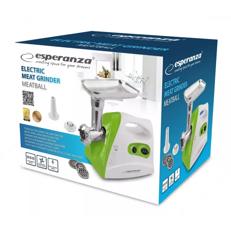 Picadora de carne ESPERANZA EKM012G — 600 W, lâmina de aço inoxidável, funil para salsichas, acessório para kebbe, marcha atrás, pés antiderrapantes, branco/verde