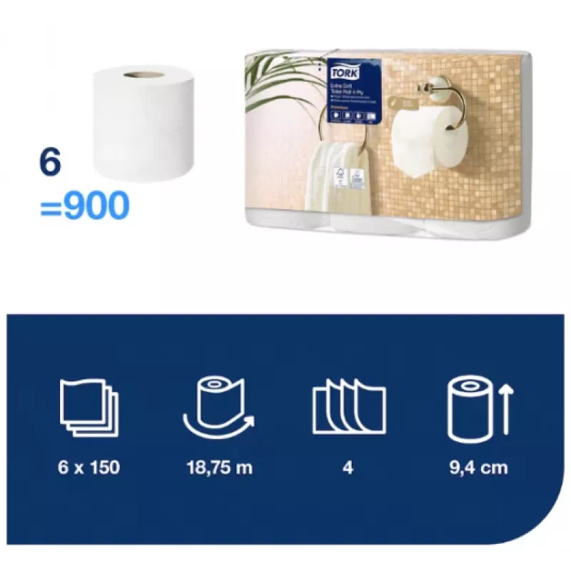 Papel higiénico Tork Premium Extra Soft Conventional T4 — rolos de 4 folhas 9,7 cm x 19,1 m, pacote de 6