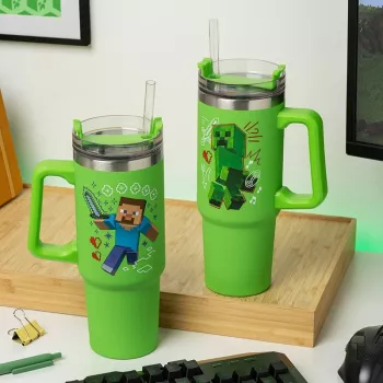Copo isotérmico Paladone Minecraft Green 900 ml com palhinha