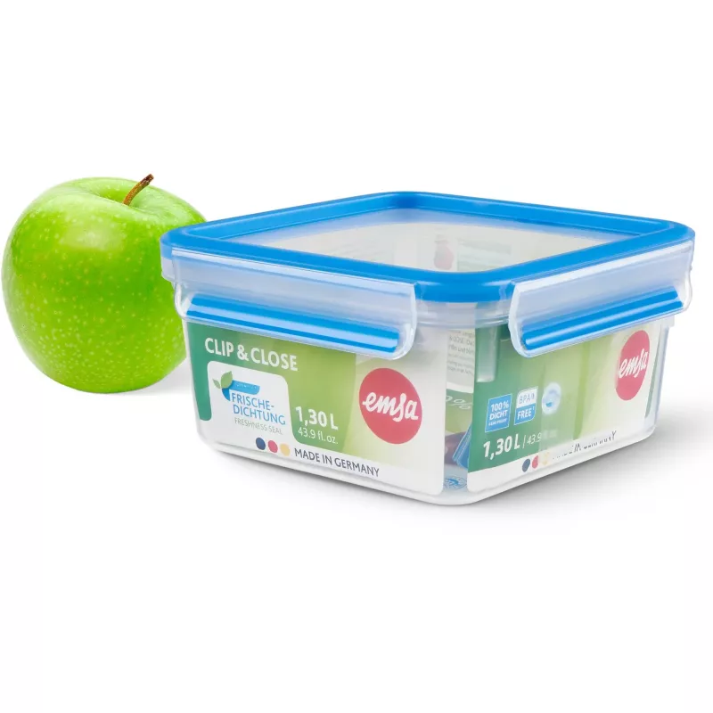 Recipiente de armazenamento EMSA Clip&Close 1,3 L quadrado hermético sem BPA, modelo 3110600387