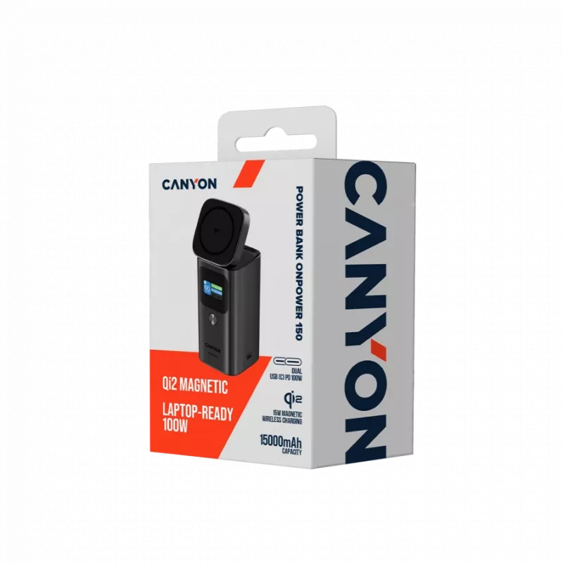 Powerbank magnética Qi2 CANYON OnPower 150 15000mAh alumínio cinzento-escuro
