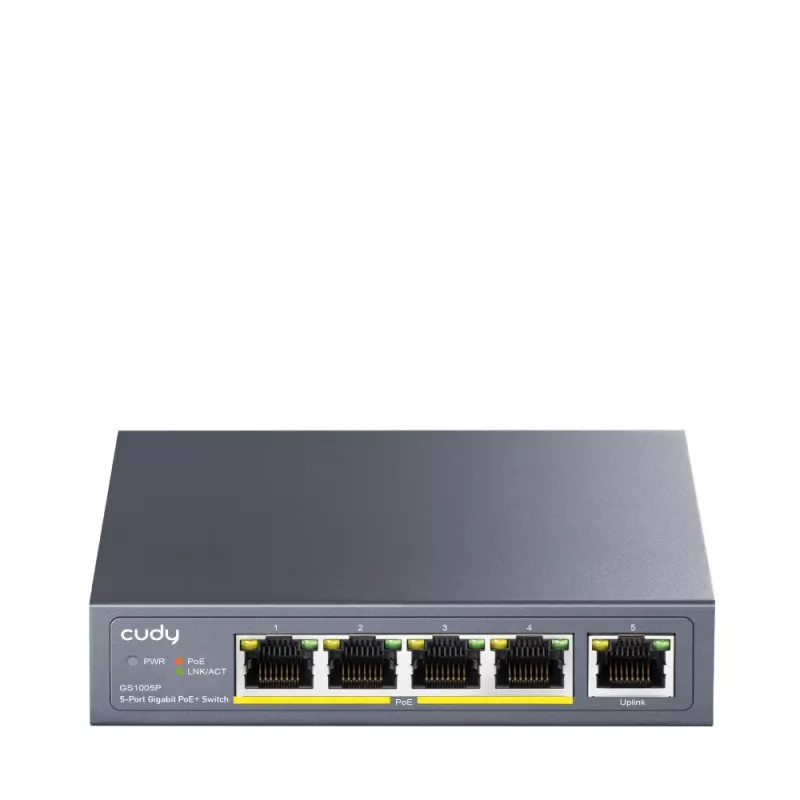 Switch de rede Cudy GS1005P — 5 portas Gigabit Ethernet com 4 portas PoE, 60 W de potência total, caixa metálica, montável em rack