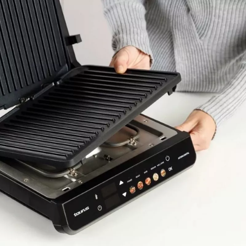 Grelhador elétrico 2-in-1 Taurus Asteria Digital — 2000 W, termostato regulável, antiaderente, bandeja de recolha amovível