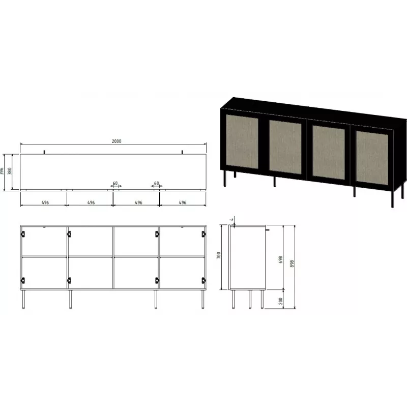 Cómoda JUTA 4D 4D 200x39,5x90 preto + linóleo calabria