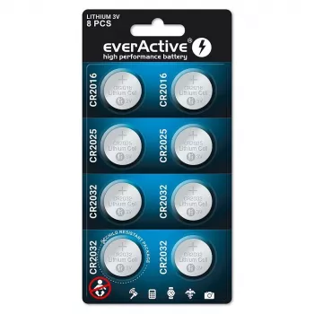 Conjunto de 8 pilhas de lítio everActive 4 x CR2032, 2 x CR2025, 2 x CR2016