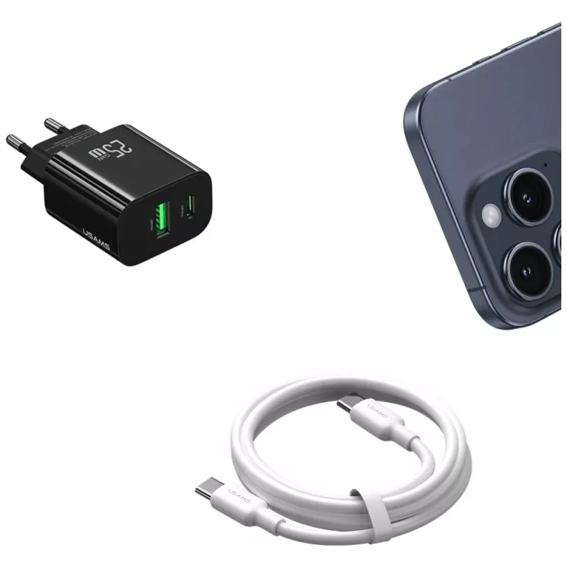Carregador USB usams USA001629 25W 1×USB-C + 1×USB-A carregamento rápido