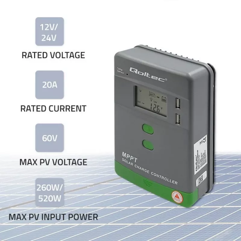 Qoltec, controlador de carga solar MPPT com sensor de temperatura 20A 12V/24V visor LCD 2 X USB
