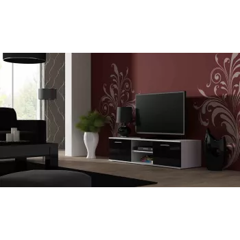 Suporte de TV cama meble SOHO 140 – 1400×430×370 mm, tampo branco, aglomerado, estrutura branca, frentes pretas brilhantes