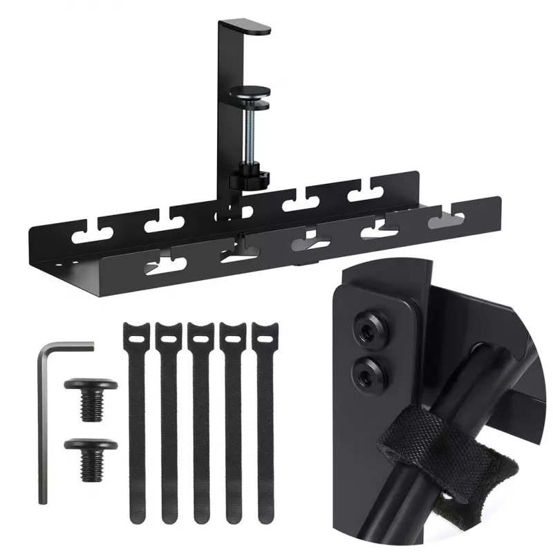 Maclean MC-105 B organizador de cabos para debaixo da secretária, aço/ABS, 400 mm, fixação por grampo para tampos de 5–50 mm, carga máx. 5 kg, preto