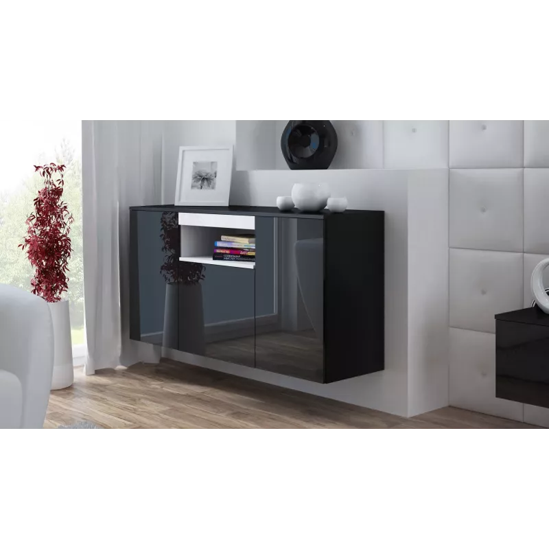 Aparador Cama Sideboard VIVA 150 preto/preto brilhante + branco