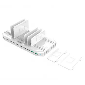Estação de carregamento Unitek Y-2190A — 10 portas USB (8×USB2.0 + 2×USB3.2 Gen1), carregamento sem fios, 96 W potência total