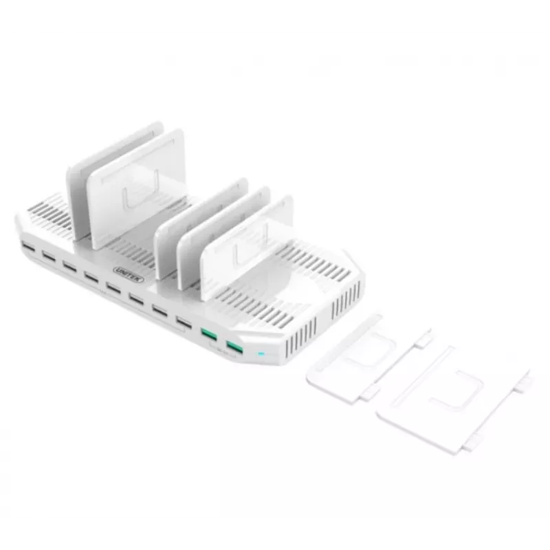 Estação de carregamento Unitek Y-2190A — 10 portas USB (8×USB2.0 + 2×USB3.2 Gen1), carregamento sem fios, 96 W potência total