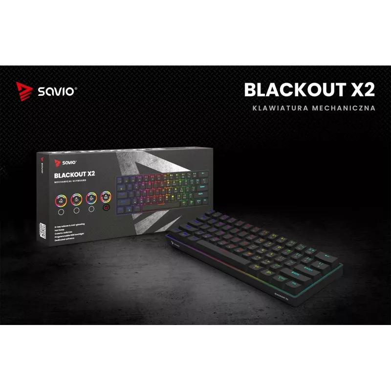 Teclado gaming mecânico SAVIO BLACKOUT X2 PEACH — 61 teclas 60 % QWERTZ, RGB LED, hot-swap, USB Type-A/Type-C, cabo removível