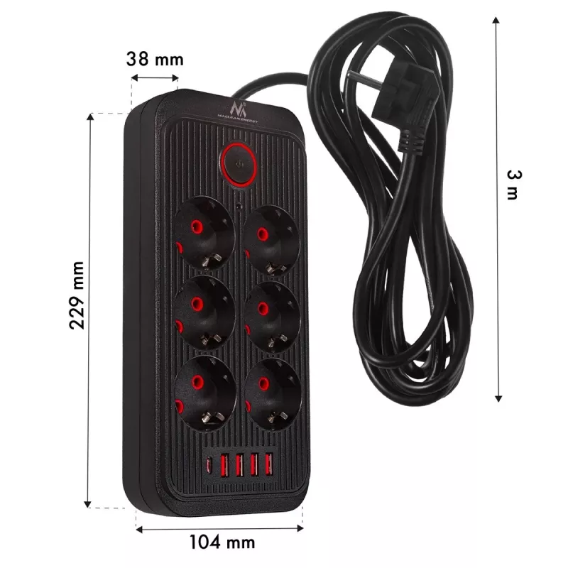 Extensão elétrica MACLEAN MCE391 B – 6 tomadas, 4×USB-A + 1×USB-C, 110–240V, 2500W, cabo de 3 m, preto