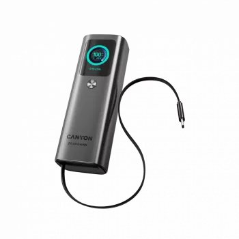Powerbank CANYON OnPower 265 com cabo integrado, 20000mAh, 165W, alumínio, cinzento-escuro