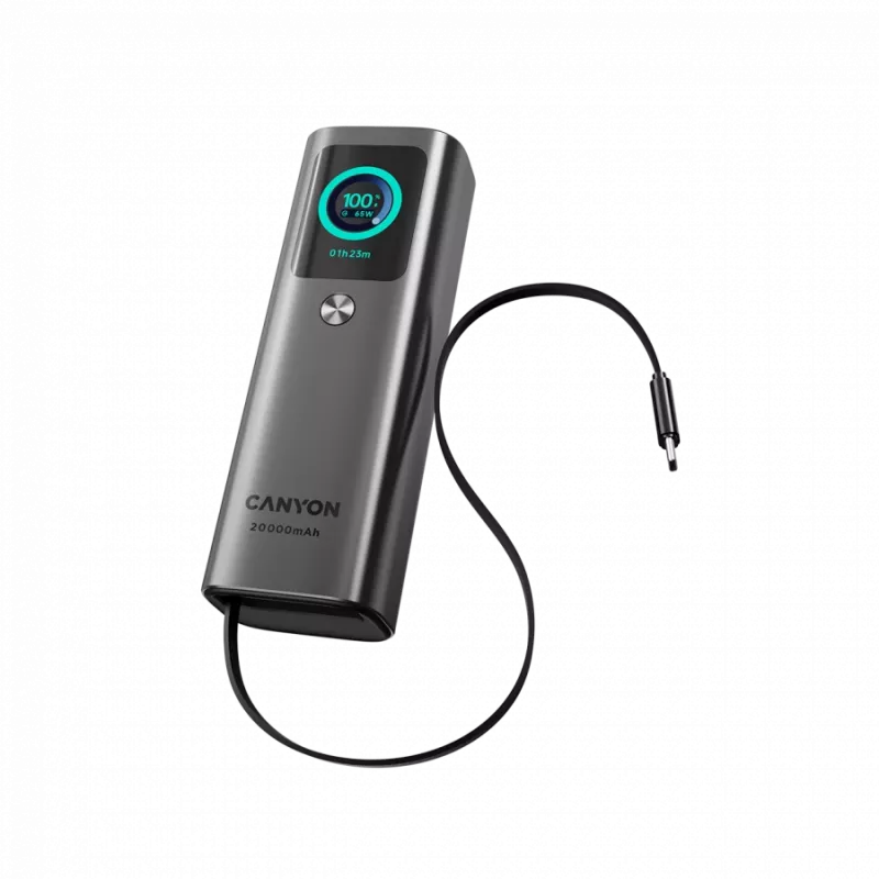 Powerbank CANYON OnPower 265 com cabo integrado, 20000mAh, 165W, alumínio, cinzento-escuro