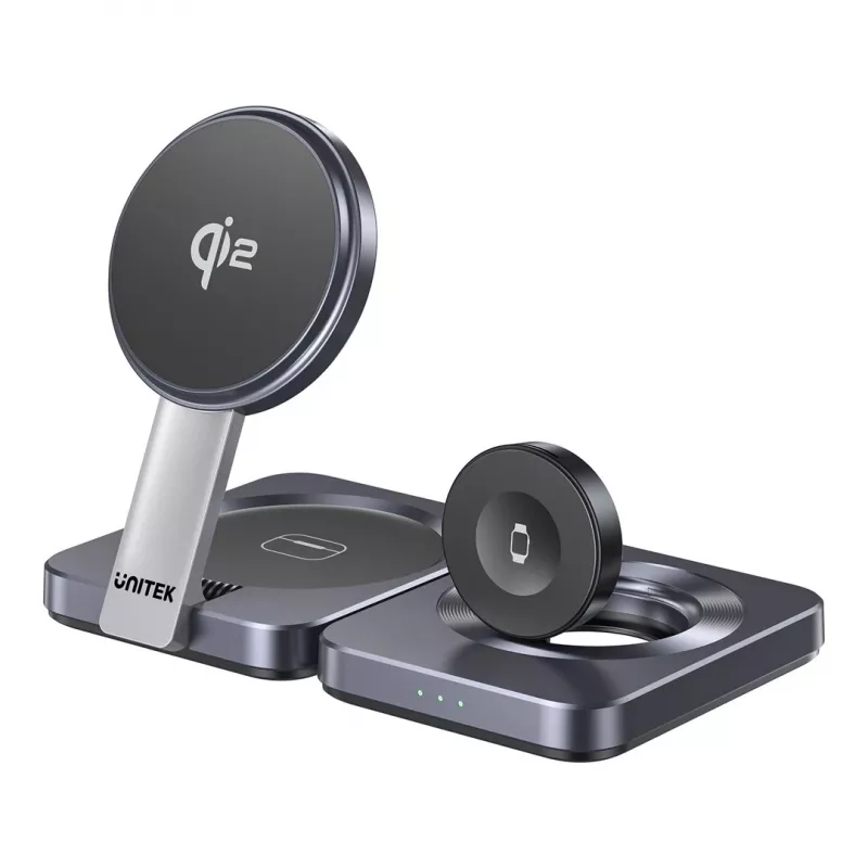 Estação de carregamento sem fios dobrável 3 em 1 UNITEK P1300AGY01 Qi2 15 W, cinzento