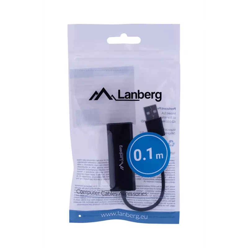 Adaptador de rede Lanberg NC-0100-01 USB 2.0 para RJ45 100 Mbit, cabo de 0,15 m