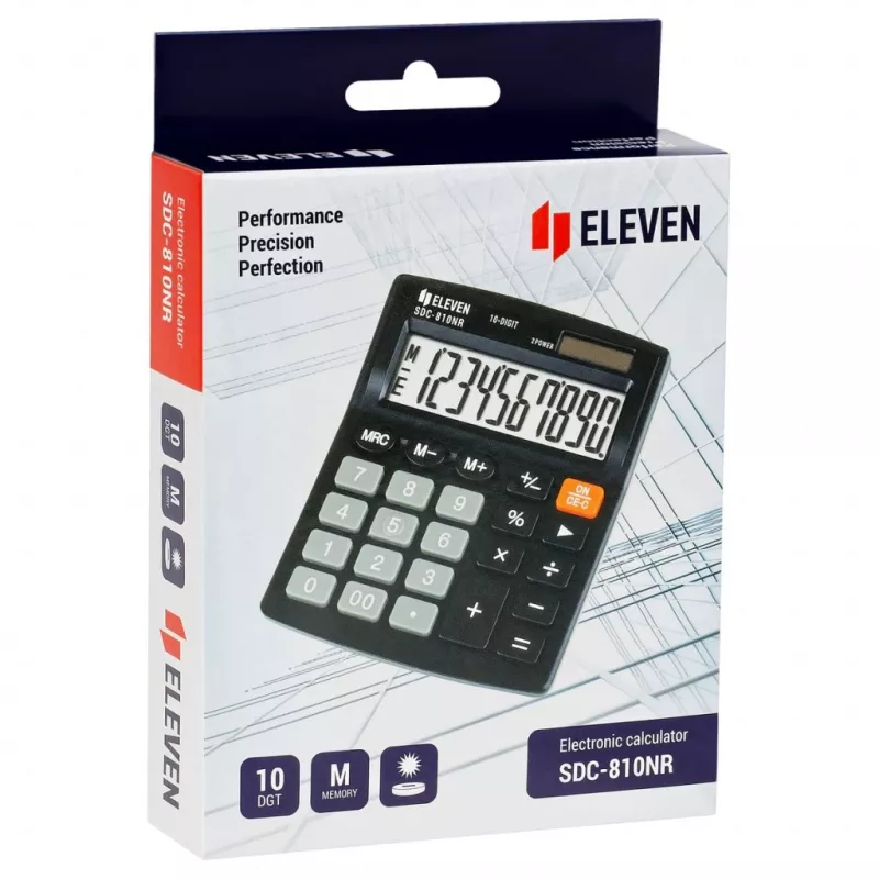 Calculadora de escritório ELEVEN SDC-810NR, visor de 10 dígitos, alimentação dupla, preta