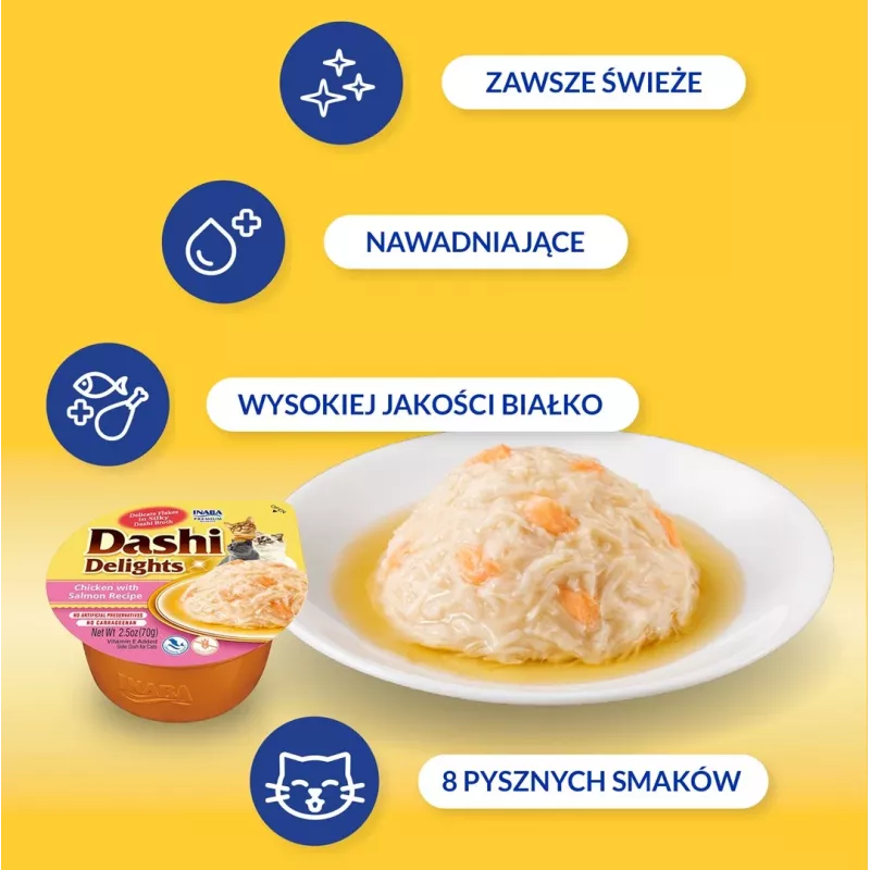 Snacks húmidos para gatos INABA Dashi Delights frango com salmão em caldo 70 g — snack de peixe, sem cereais, sem soja e sem glúten