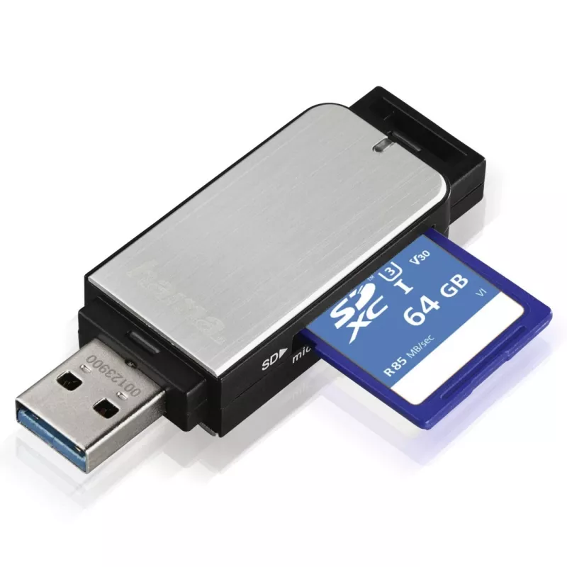 Hama 123900 leitor de cartões USB 3.0 SD/microSD, alumínio, preto/prateado