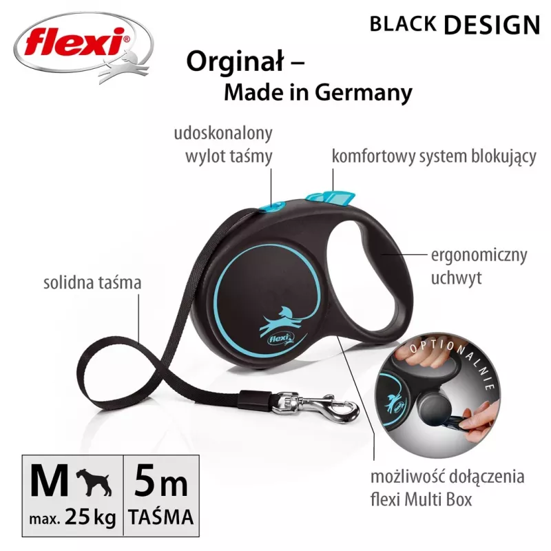 Treia retrátil flexi Black Design M — 5 m de comprimento, modelo de fita, carga máx. 25 kg, punho ergonómico
