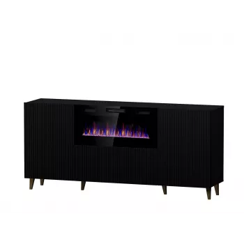 Cómoda com lareira elétrica Cama Meble PAFOS 180x42x82 cm preto mate, 3 portas, 2 prateleiras, 1400–1600 W