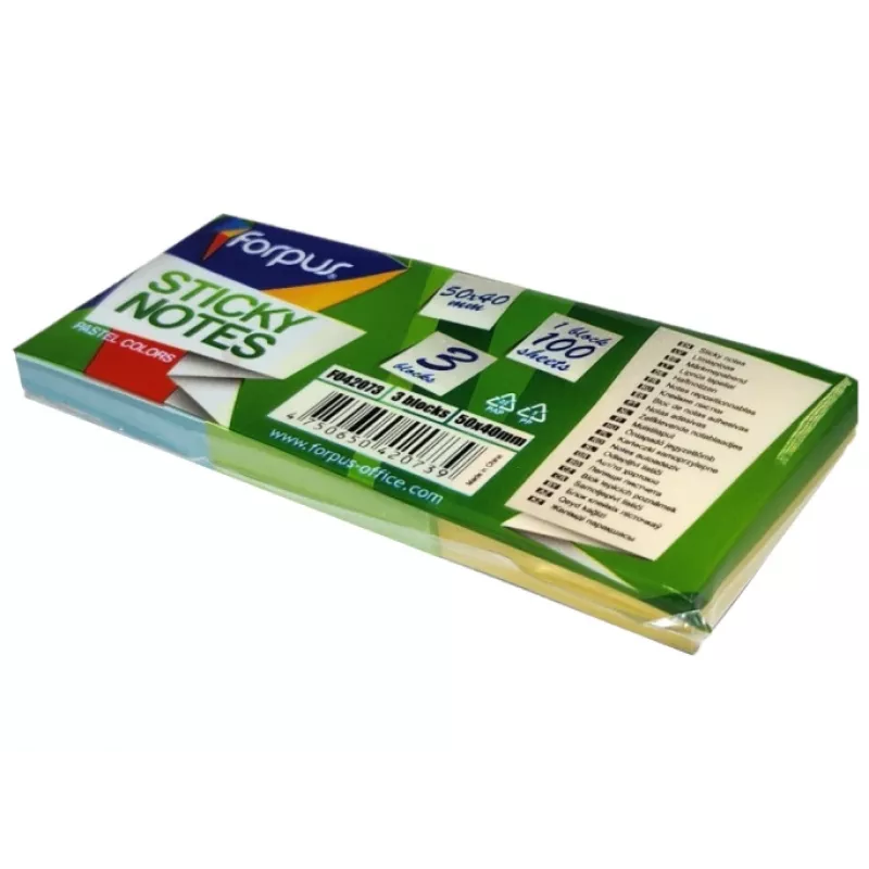 Notas adesivas FORPUS FO42073, 40×50 mm, 3 cores pastel, bloco
