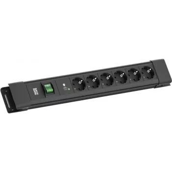 Régua de tomadas Bachmann CONNECTUS com 6×CEE 7/3, 1×SPD-Plus proteção contra sobretensões, 1×interruptor, cabo de 2,0 m, preto