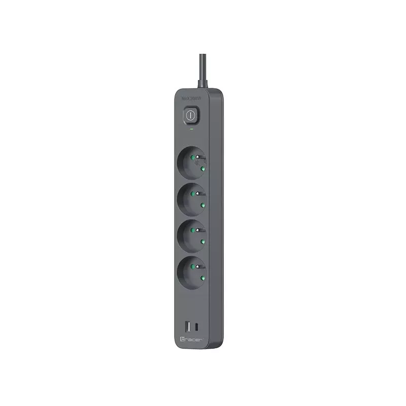 Tracer Power Line+ TRALIS47026 extensão, 4 tomadas, USB-A + USB-C PD 18 W, 1,5 m, grafite