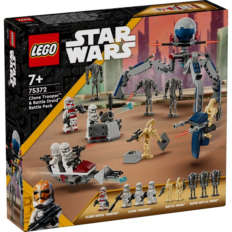 LEGO Star Wars Clone Trooper e Battle Droid Battle Pack Brinquedo de construção para crianças com veículo Speeder Bike, 4 minifiguras e 5 figuras, presente para rapazes