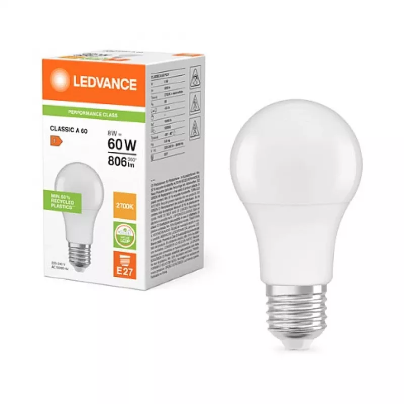 Ledvance LEDV lâmpada LED 8,5-60W/827 806lm E27 mate 200° 15000hEEK F