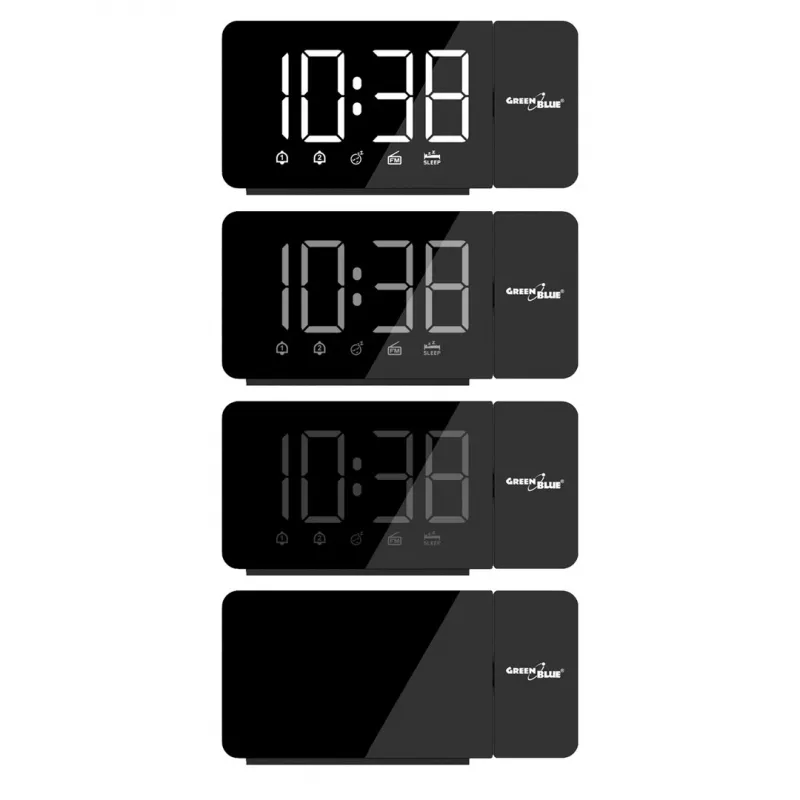 Rádio-relógio LED digital GreenBlue GB172 com sintonizador FM, projetor, termómetro, alimentação USB 5V e CR2032