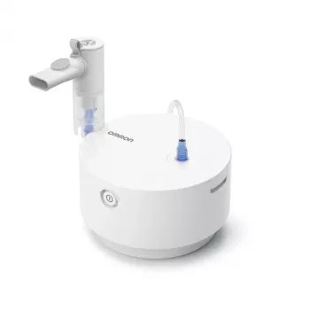 Nebulizador de mesa Omron C28P com capacidade de 10 ml/min, tamanho de partícula de 2,65 µm, branco, dimensões 265×195×143 mm