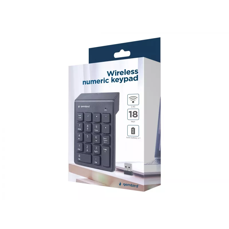Gembird KPD-W-02 teclado numérico sem fios, 2,4 GHz, USB, 18 teclas, preto