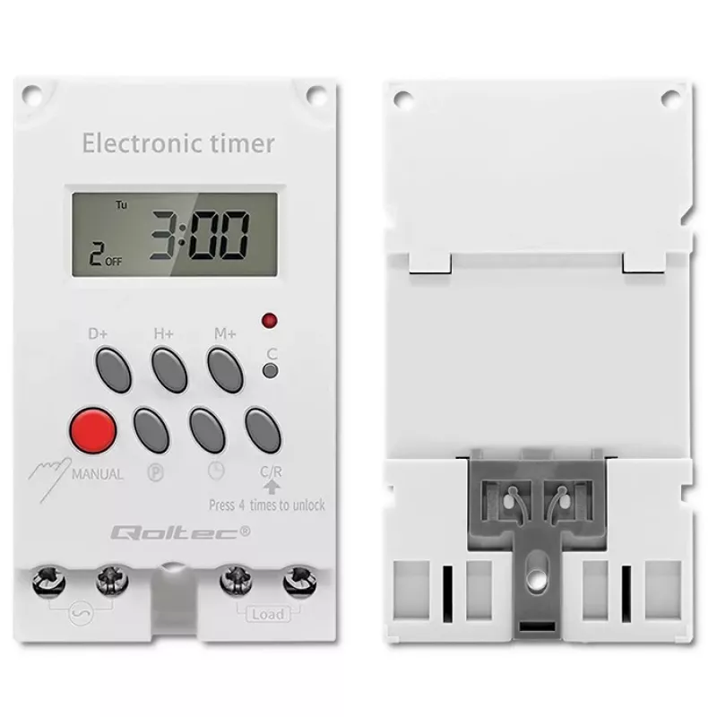 Temporizador eletrónico para calha DIN QOLTEC PC0629 — alimentação 24V, saída 16A