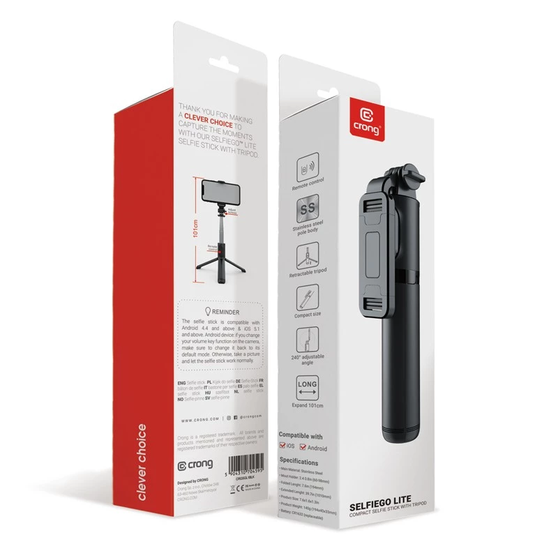 SelfieGo Bastão de selfie compacto com tripé Bluetooth (20-101 cm) Crong CRGSGL1B