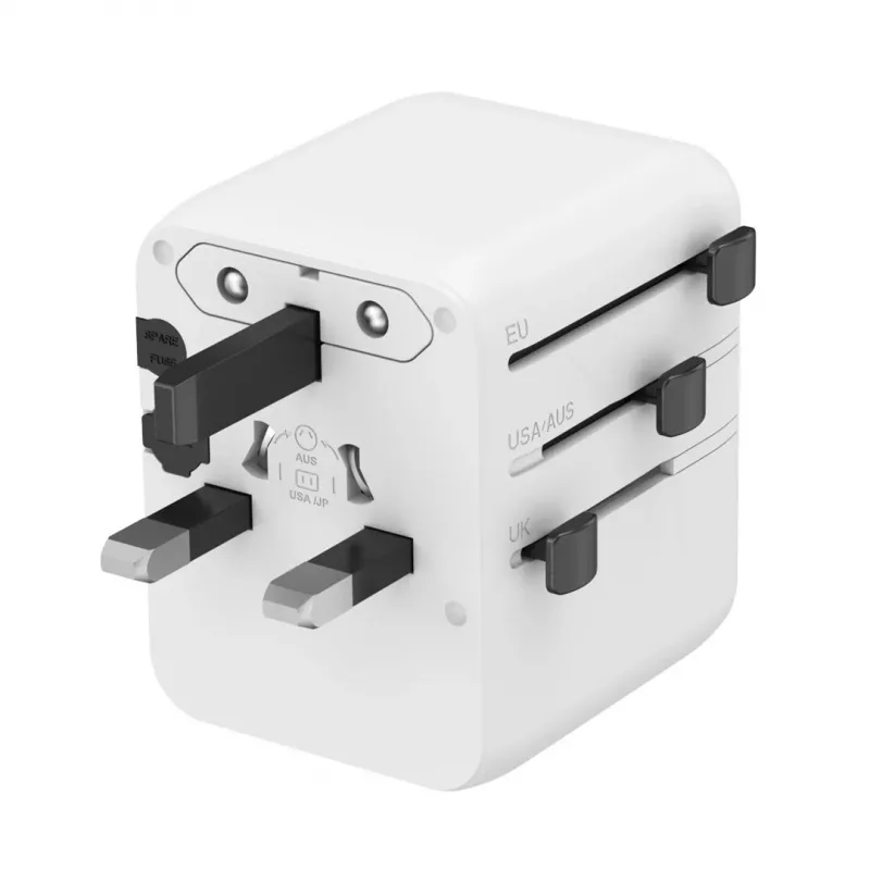 Fonte de alimentação de viagem GEMBIRD TPA-1A2C20-01-W — 20 W, USB-A (18 W) + 2× USB-C (20 W), ficha tipo E, branco