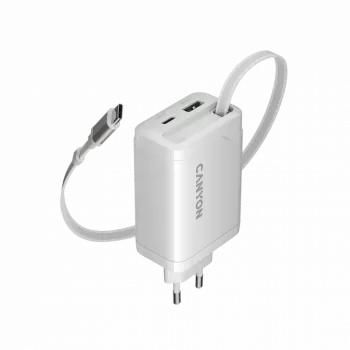 Carregador CANYON OnCharge 65RC com cabo USB-C integrado 65W, 1x PD, 1x QC, ficha EU, branco