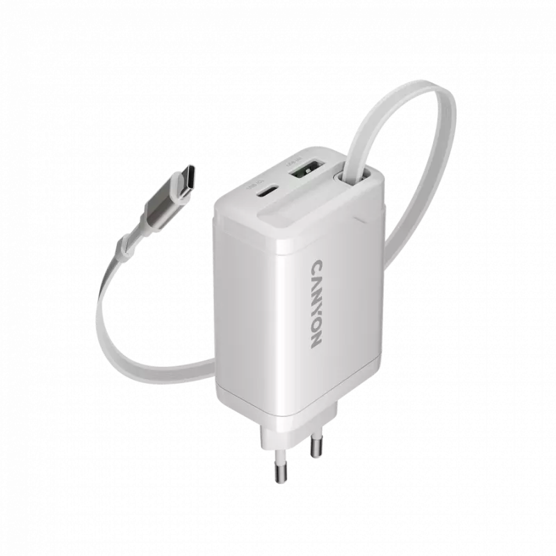 Carregador CANYON OnCharge 65RC com cabo USB-C integrado 65W, 1x PD, 1x QC, ficha EU, branco
