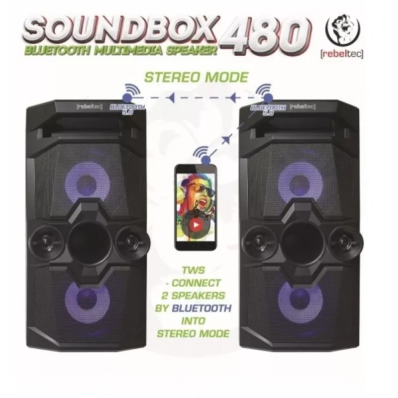 Rebeltec SoundBox 480 altifalante Bluetooth estéreo portátil preto, 50W RMS