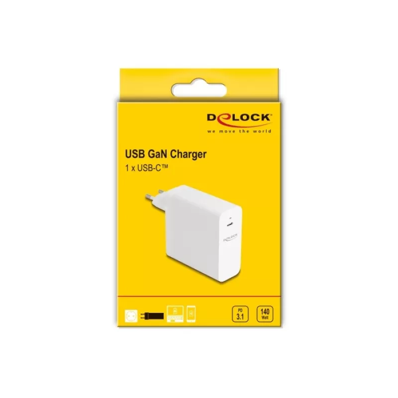 Carregador DeLOCK USB GaN 140W PD 3.1 interior AC universal