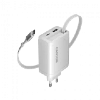 Carregador CANYON OnCharge 65RC com cabo USB-C integrado 65W, 1x PD, 1x QC, ficha EU, branco