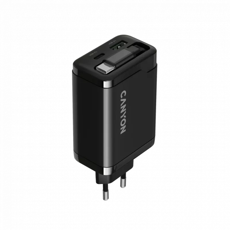 Carregador CANYON OnCharge 65RC com cabo USB-C integrado, 65 W, 1x PD, 1x QC, ficha EU, preto