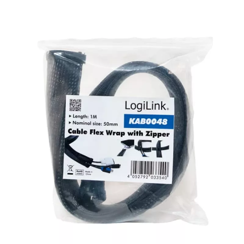 Tubo para cabos LogiLink com fecho de correr, 2,0 m, cinzento em poliéster, resistente à abrasão, à tração e à deformação, resistente ao choque, - 1 unid. (KAB0074)