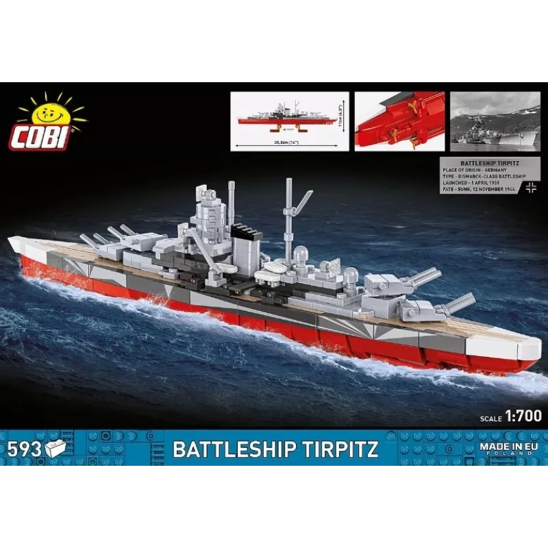Conjunto de construção Cobi Couraçado Tirpitz modelo com 593 peças, à escala e com características de exposição