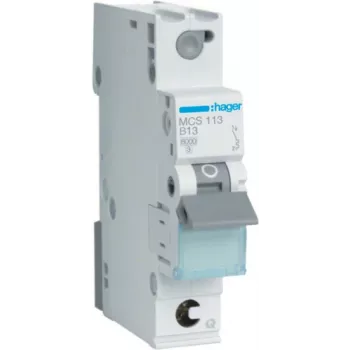 Hager MCS113. Corrente nominal: 13 A, frequência de rede: 50/60 Hz. Curva de disparo: C, unidades de divisão (máx.): 1 módulo(s). Largura: 17,5 mm, profundidade: 70 mm, altura: 83,4 mm (MCS113)