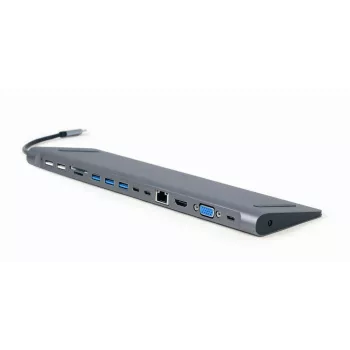 Gembird A-CM-COMBO9-01 adaptador multifunções USB Type-C 9 em 1 (hub USB + HDMI + VGA + PD + leitor de cartões + LAN + áudio de 3,5 mm), Space Grey