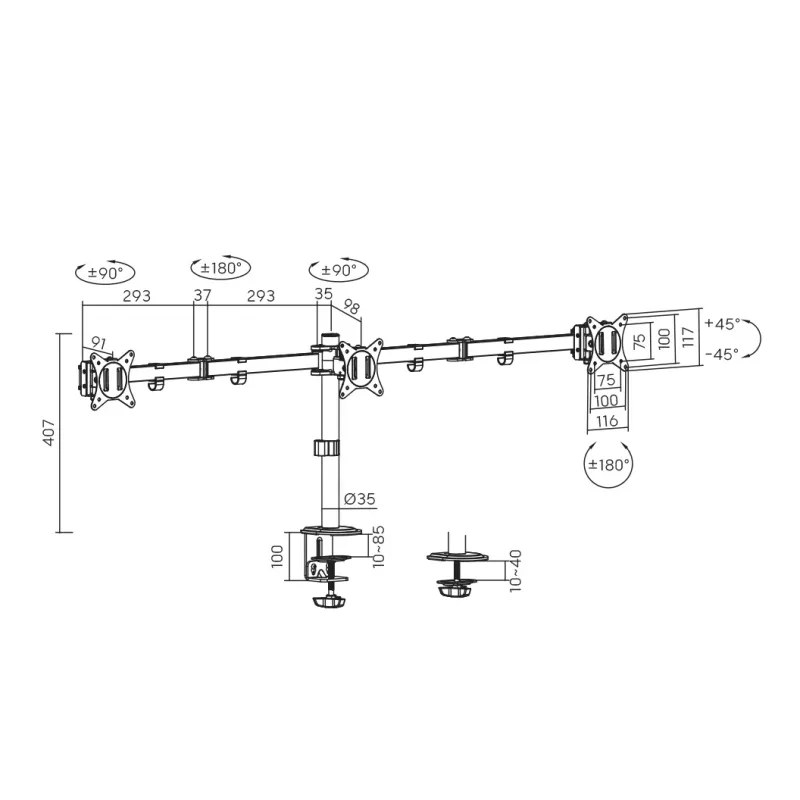 Suporte para monitor SBOX LCD-352/3-2 para ecrãs de 13–27 polegadas, 3 braços, máx. 9 kg por braço, VESA 100x100
